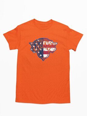 NEW York Knicks 4th July USA American Flag Team Color Pop Logo T-Shirt ORANGE